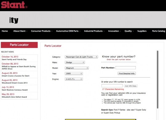 Stant社のWebサイトとParts Locator