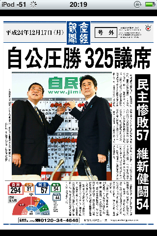 20121217自公圧勝　325議席（民主惨敗57　維新検討54）