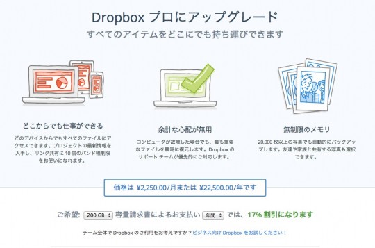 Dropboxプロへのアップグレード費用