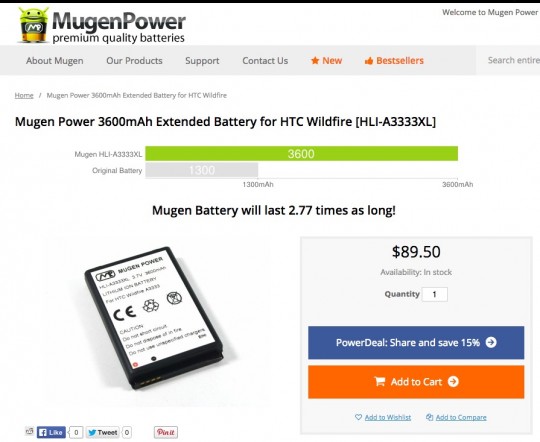 HTC Wildfire用Mugen Power 3600mAh大容量バッテリ