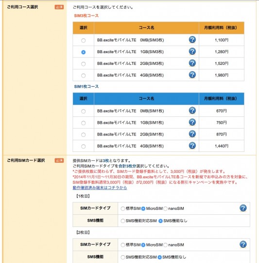 BB.exciteモバイルLTE　SIM3枚で契約しても2000円