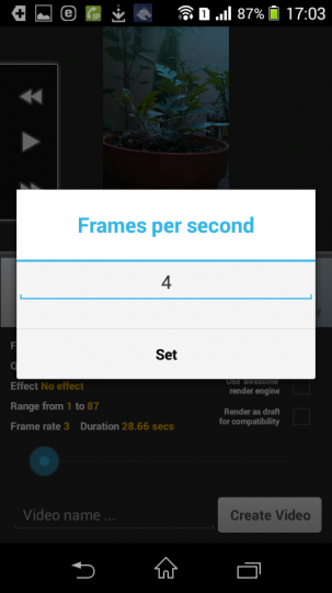 AndroidアプリLapse Itで撮影した動画をレンダリング4 秒間フレーム数を設定